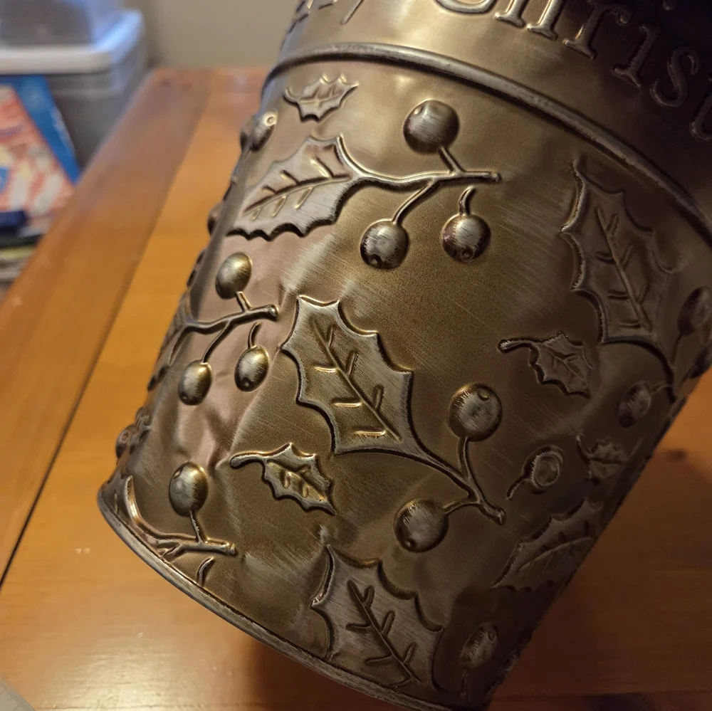 Christmas Metal Embossed With Holly Planter